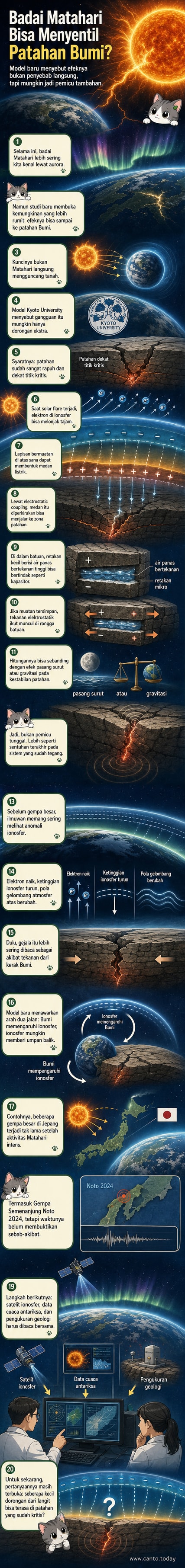 Ilustrasi alur dari badai matahari ke gempa bumi, menunjukkan hubungan antara solar flare, lonjakan elektron di ionosfer, medan listrik, dan tekanan elektrostatik di celah batuan bawah tanah.