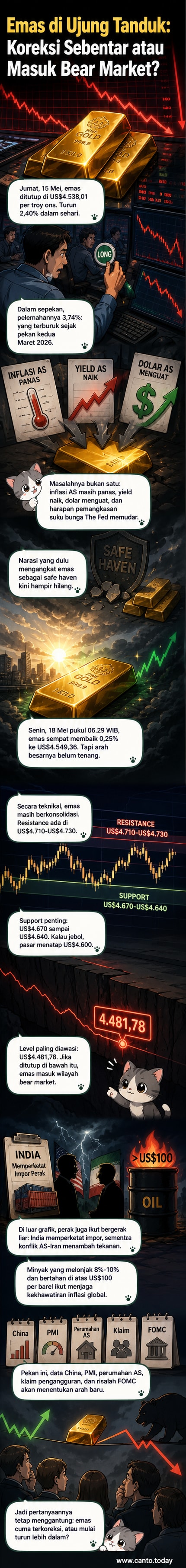 Grafik harga emas menunjukkan penurunan tajam dengan panah merah dan level support/resistance ditandai, latar belakang nuansa pasar keuangan global.