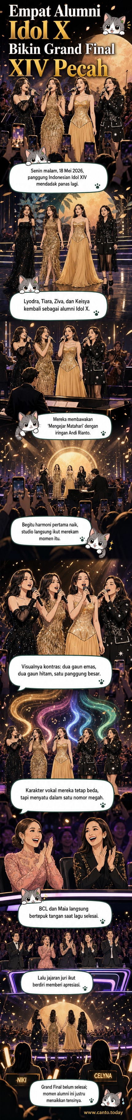Empat penyanyi wanita berdiri di atas panggung besar dengan latar belakang cahaya emas dan biru, dua memakai gaun emas dan dua lainnya memakai gaun hitam, sedang bernyanyi bersama di acara Indonesian Idol.