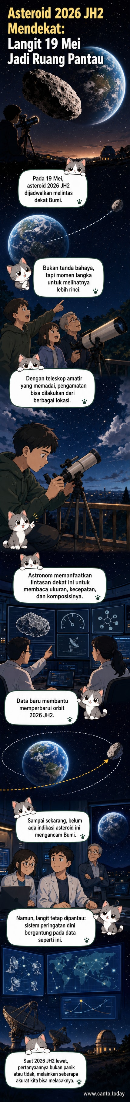 Ilustrasi asteroid 2026 JH2 melintas dekat Bumi dengan latar belakang bintang dan Bumi yang terlihat dari kejauhan, dilihat melalui lensa teleskop amatir.