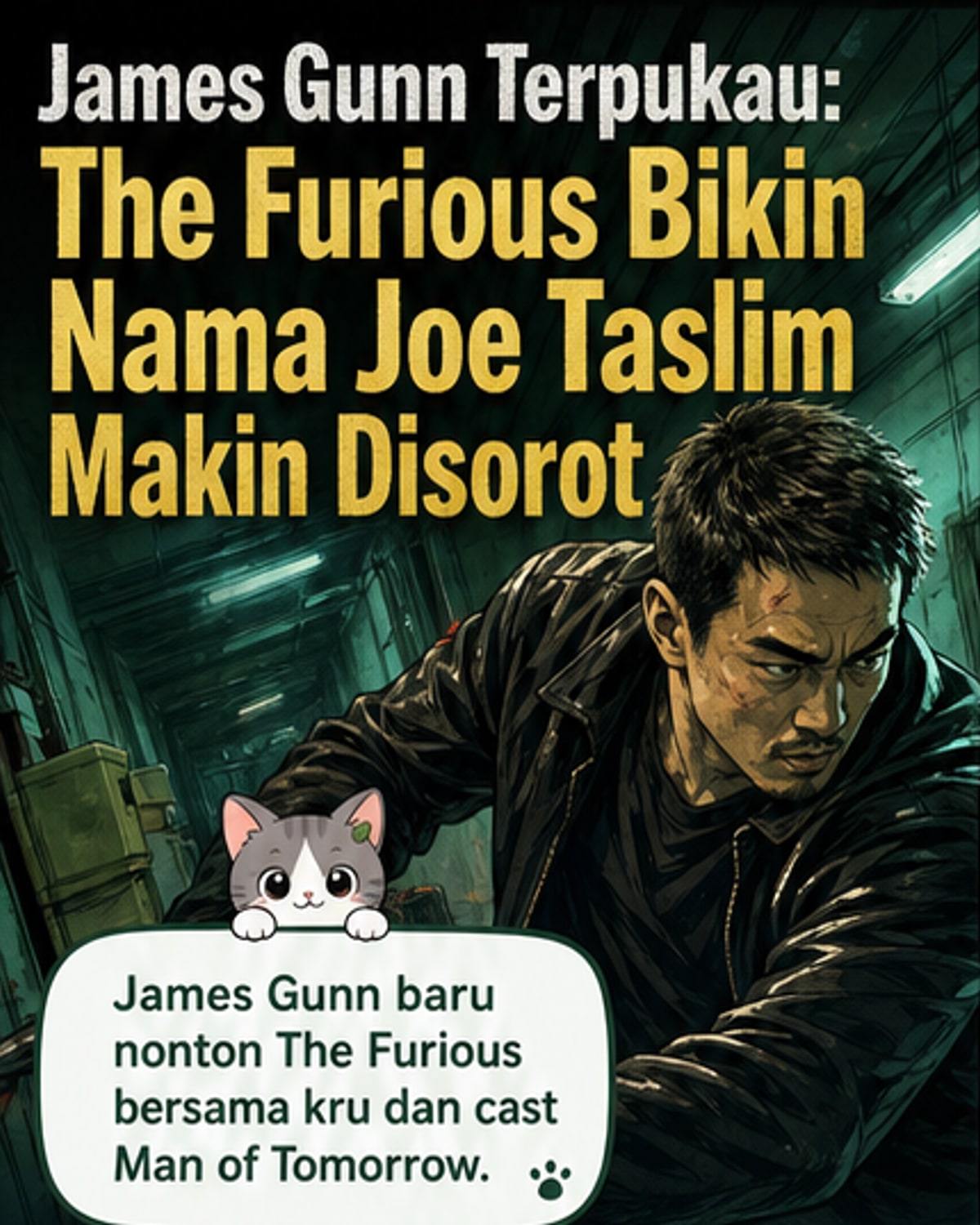 Poster film The Furious dengan Joe Taslim berdiri tegak di tengah, latar belakang gelap dengan siluet aksi dramatis di sekitarnya, judul film terpampang besar di atas.