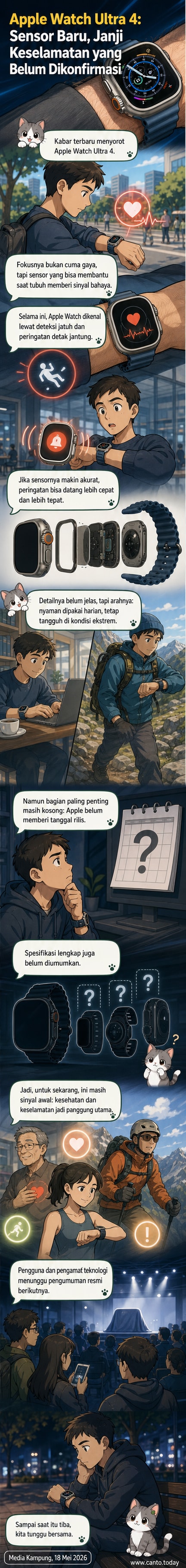 Ilustrasi Apple Watch Ultra 4 dengan sensor kesehatan canggih dan desain tahan air, ditampilkan dalam konteks penyelamatan darurat dan aktivitas ekstrem.