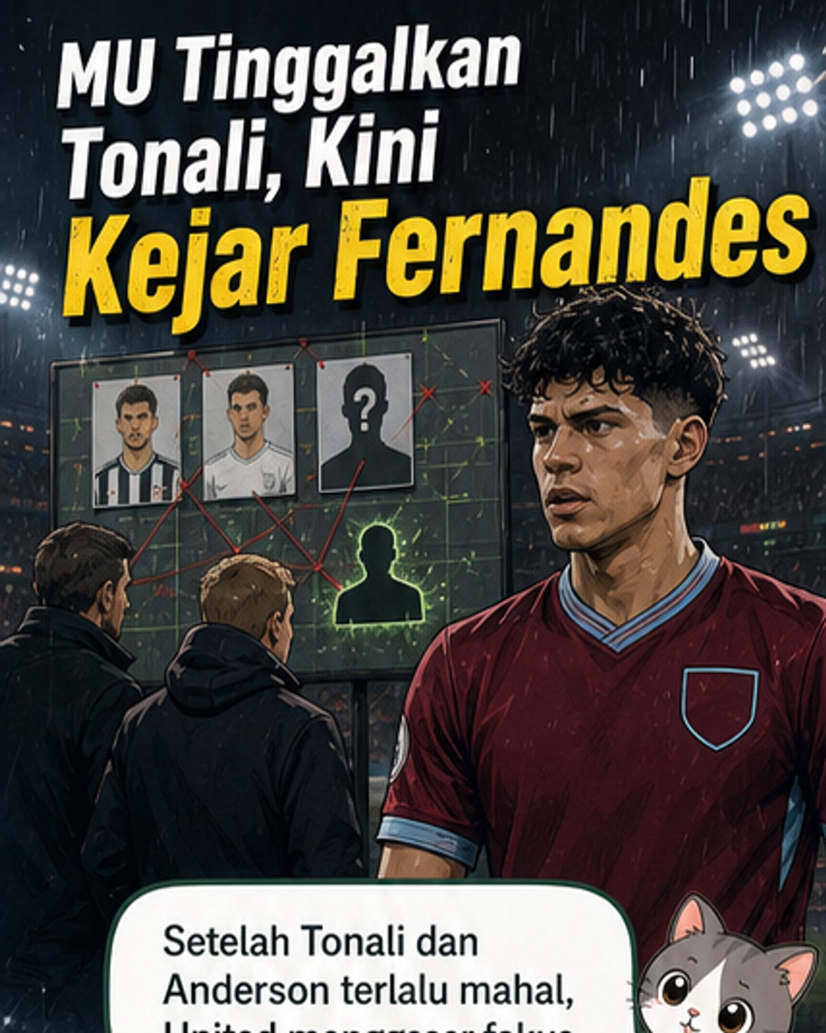 Ilustrasi dua pemain sepak bola dengan jersey Manchester United dan West Ham, dengan latar stadion dan simbol transfer di antara mereka.
