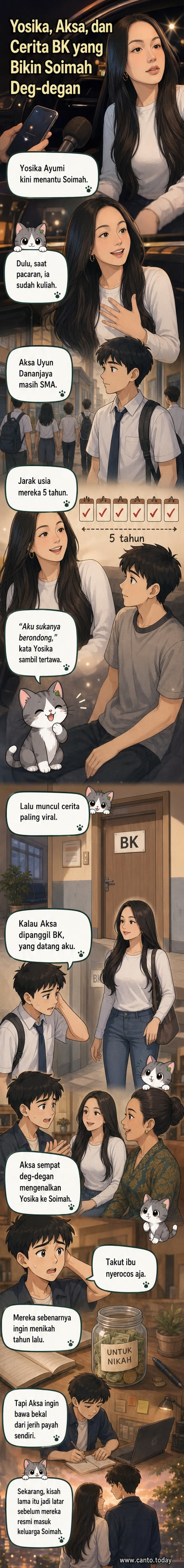 Ilustrasi pasangan Yosika Ayumi dan Aksa Uyun Dananjaya dengan latar belakang sekolah dan momen BK, menunjukkan kisah cinta beda usia sebelum jadi menantu Soimah.
