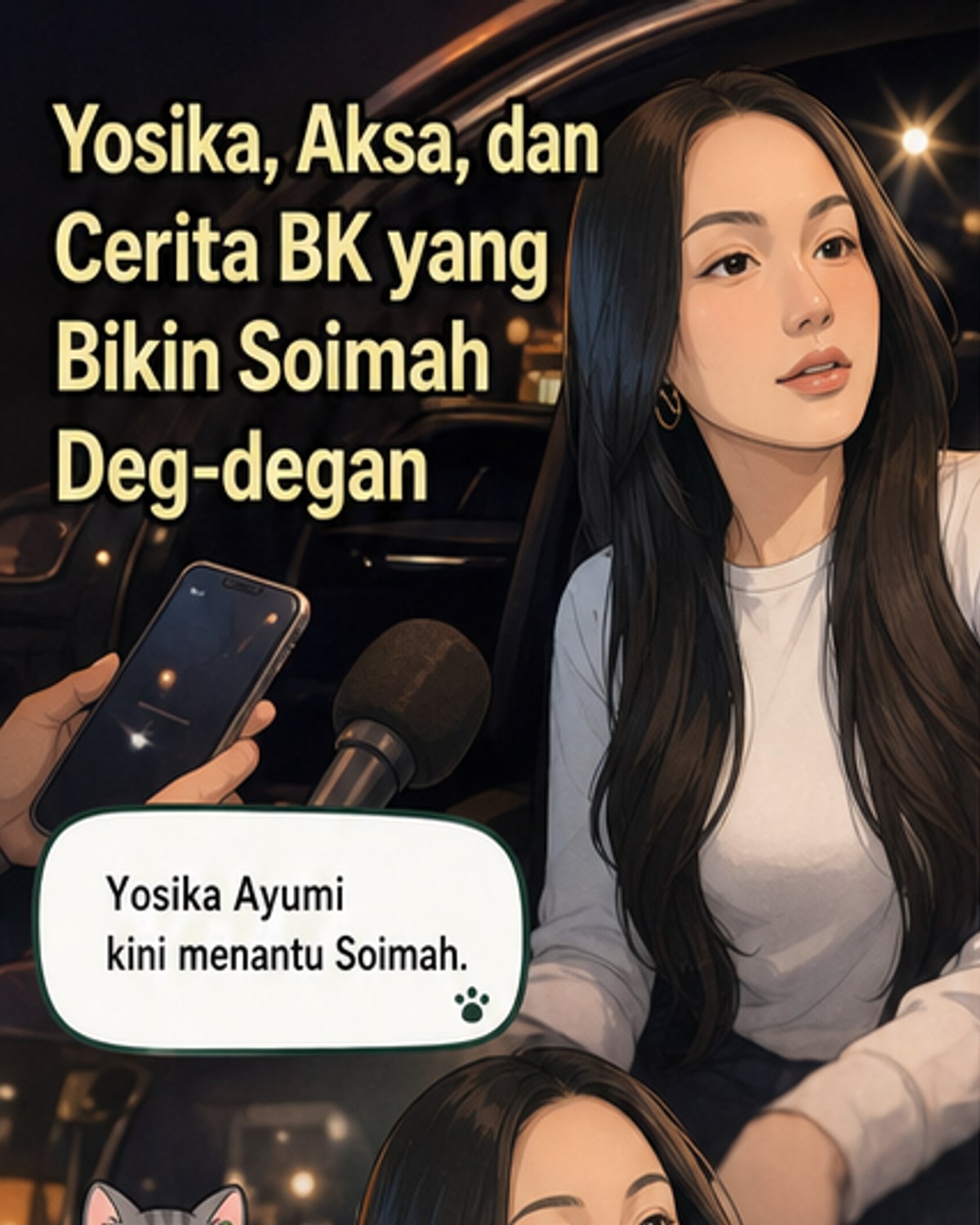 Ilustrasi pasangan Yosika Ayumi dan Aksa Uyun Dananjaya dengan latar belakang sekolah dan momen BK, menunjukkan kisah cinta beda usia sebelum jadi menantu Soimah.