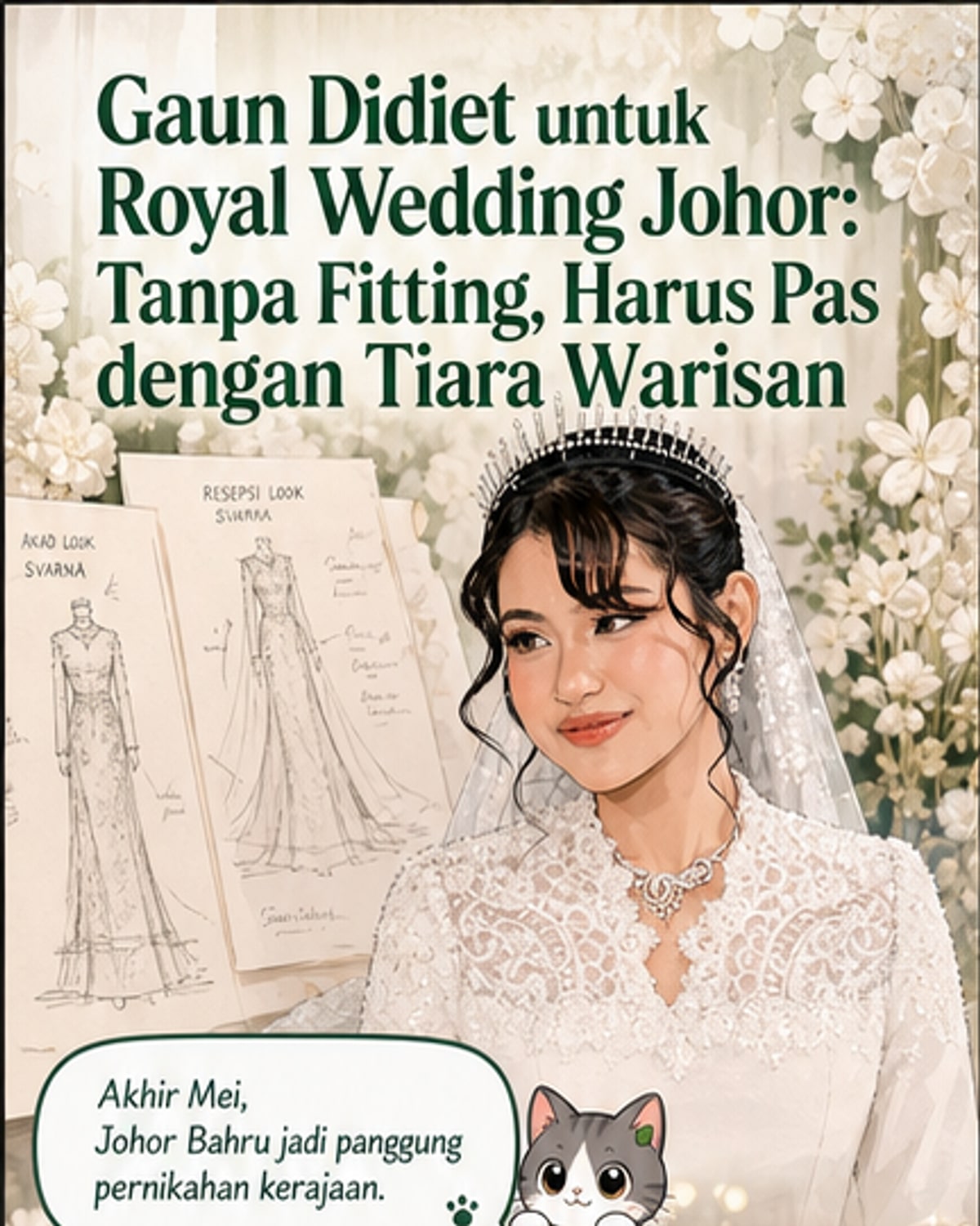 Gaun pengantin putih dua setel dengan lengan panjang dan aksen brokat di bahu, dikenakan Tunku Aishah Johara dalam pernikahan kerajaan di Johor Bahru, Malaysia.