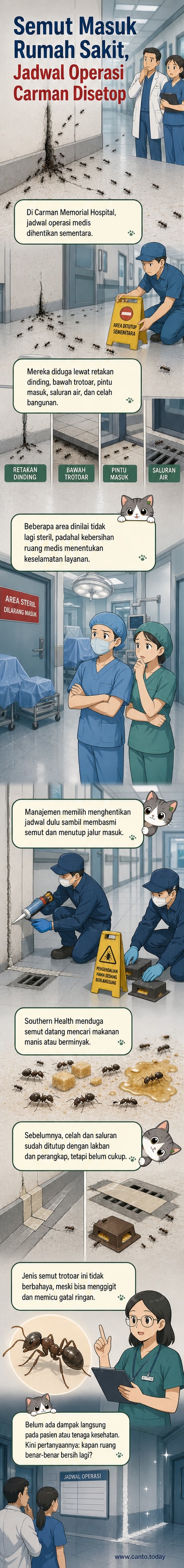 Ilustrasi koloni semut merayap di lantai rumah sakit, dengan latar ruangan steril dan pintu operasi tertutup.