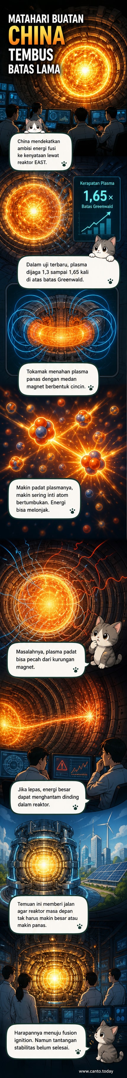 Ilustrasi reaktor tokamak dengan plasma bercahaya di dalam medan magnet, latar laboratorium futuristik