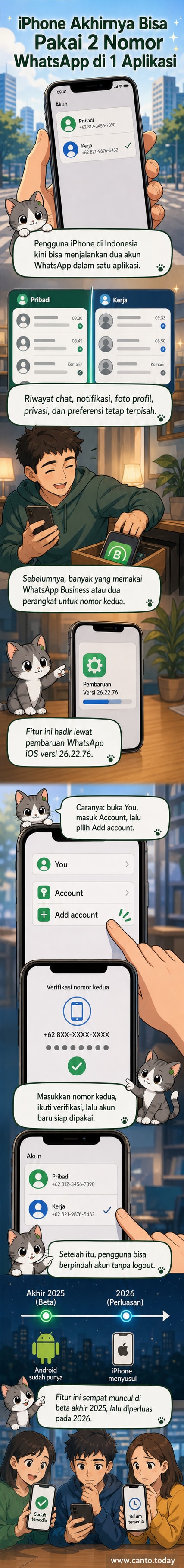 Ilustrasi ponsel iPhone dengan dua akun WhatsApp aktif, menunjukkan dua nomor berbeda dalam satu aplikasi