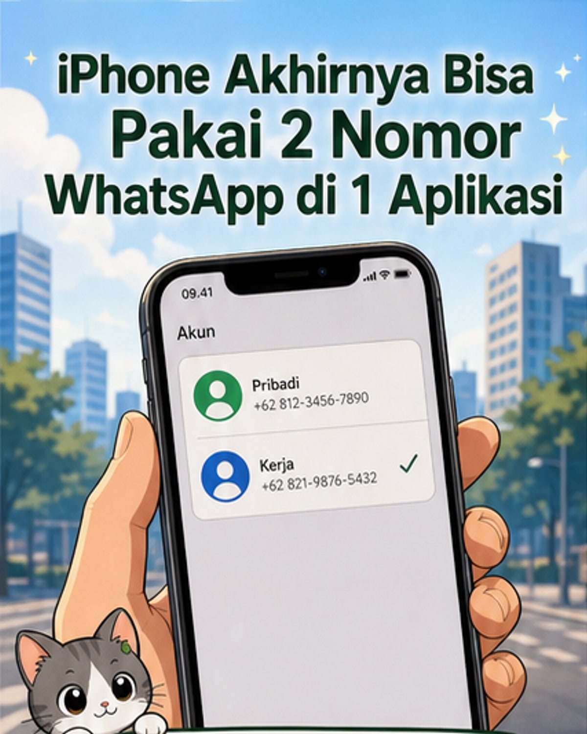 Ilustrasi ponsel iPhone dengan dua akun WhatsApp aktif, menunjukkan dua nomor berbeda dalam satu aplikasi