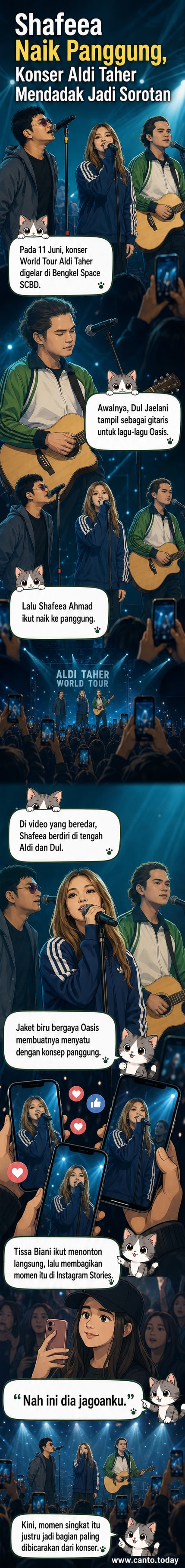 Shafeea Ahmad berdiri di tengah panggung dengan jaket biru adidas, dikelilingi Aldi Taher dan Dul Jaelani dalam konser bernuansa Oasis di Jakarta.
