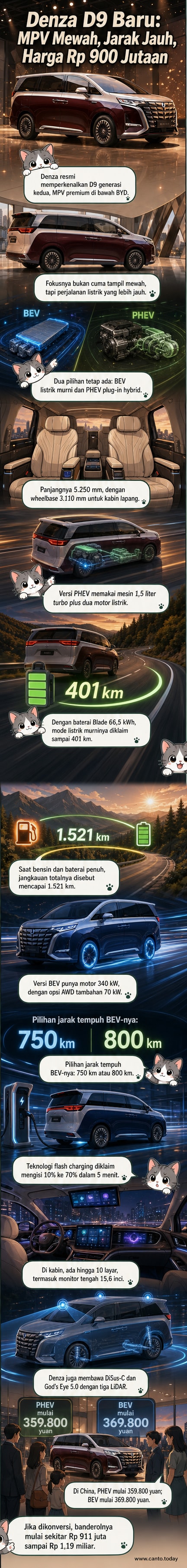 Ilustrasi Denza D9 generasi terbaru, MPV listrik mewah dengan desain futuristik, layar ganda, dan interior luas, berdiri di depan latar urban modern.