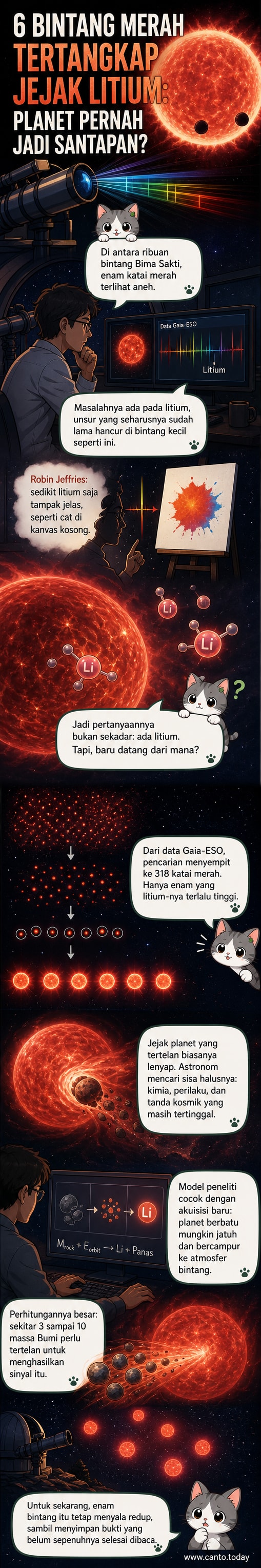 Ilustrasi enam bintang merah dengan jejak kimia litium yang tidak biasa, menunjukkan kemungkinan mereka telah menelan planet di sekitarnya.