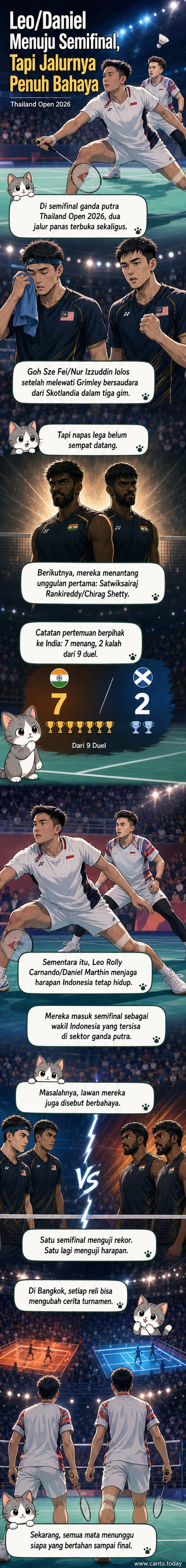 Dua pasangan ganda putra bersiap di lapangan bulu tangkis, satu memakai jersey merah-putih Malaysia, lawannya dengan jersey biru India, suasana tegang di arena Thailand Open 2026.