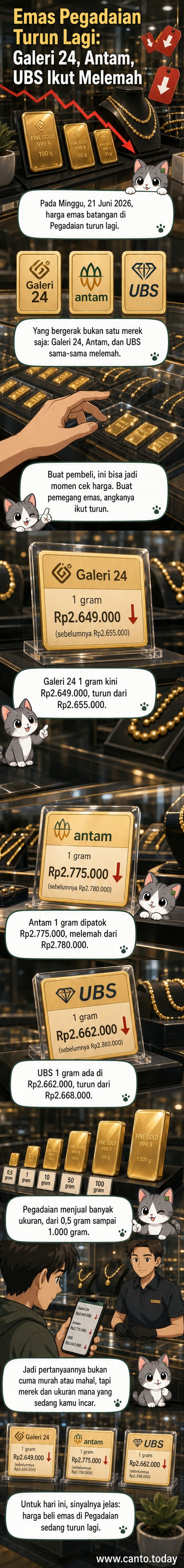 Grafik harga emas Antam, UBS, dan Galeri 24 di Pegadaian pada 21 Juni 2026, menunjukkan penurunan tipis dari hari sebelumnya.