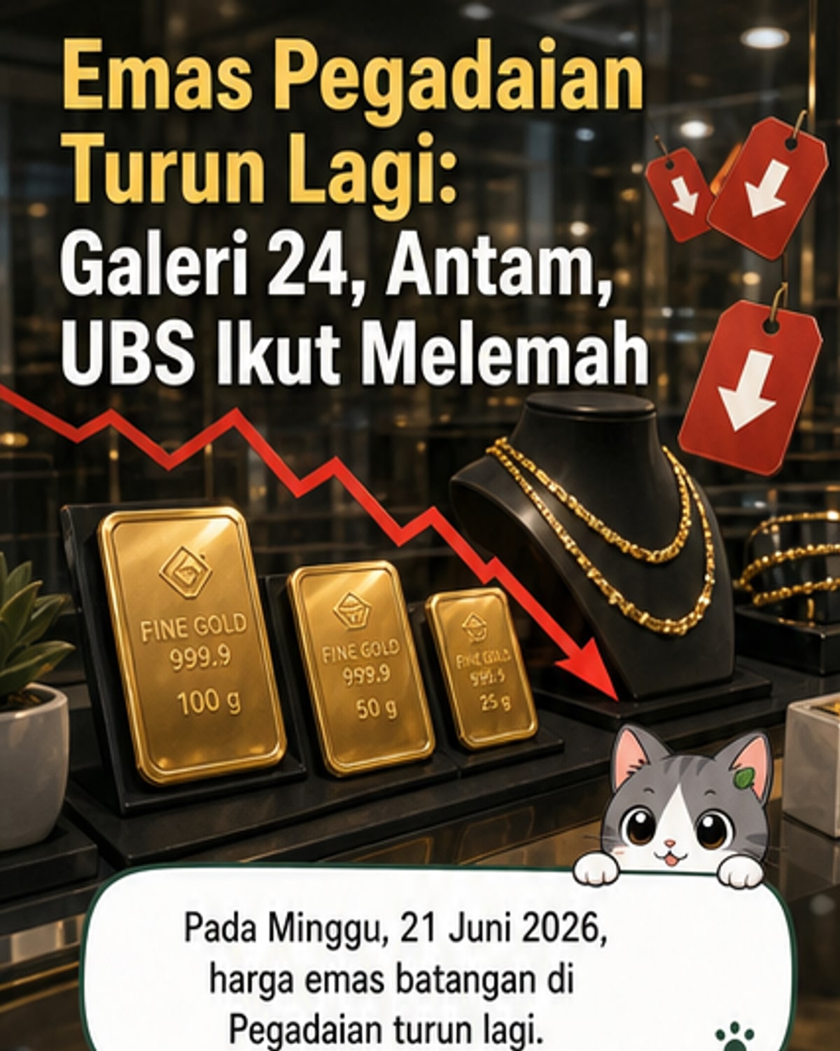 Grafik harga emas Antam, UBS, dan Galeri 24 di Pegadaian pada 21 Juni 2026, menunjukkan penurunan tipis dari hari sebelumnya.