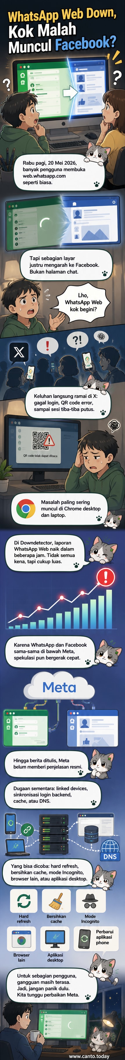 Ilustrasi browser web menampilkan redirect dari WhatsApp Web ke halaman Facebook, dengan ikon panah dan tanda seru merah.