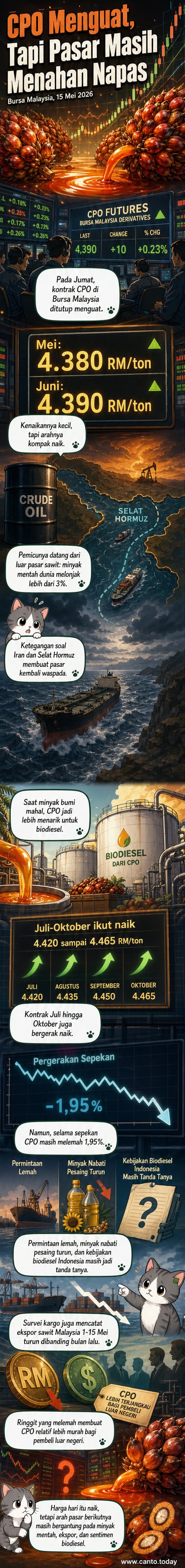 Grafik naiknya harga CPO di Bursa Malaysia pada 15 Mei 2026, dengan latar belakang kapal tanker di Selat Hormuz dan harga minyak mentah yang melonjak.