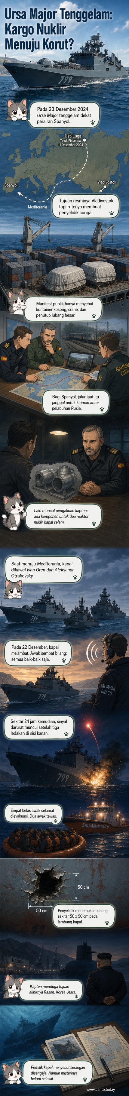 Ilustrasi kapal kargo Rusia Ursa Major tenggelam di Laut Mediterania dengan dua kapal militer Rusia di kejauhan dan kapal penyelamat Spanyol mendekat, latar belakang langit gelap dan ombak tinggi.