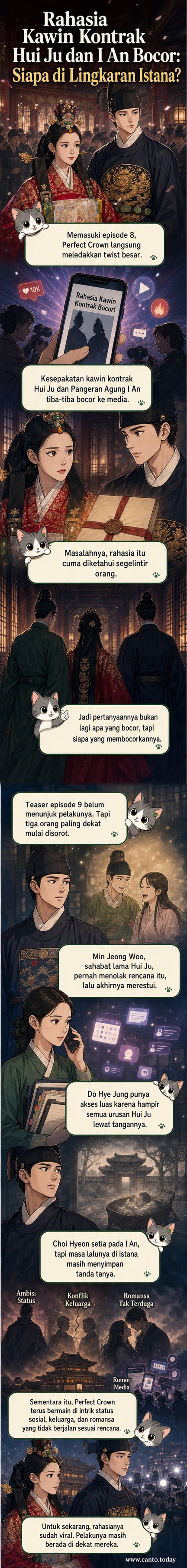 IU dan Byeon Woo Seok berdiri berdampingan dalam adegan pernikahan kerajaan di serial Perfect Crown, menggambarkan momen setelah rahasia kawin kontrak mereka terbongkar.