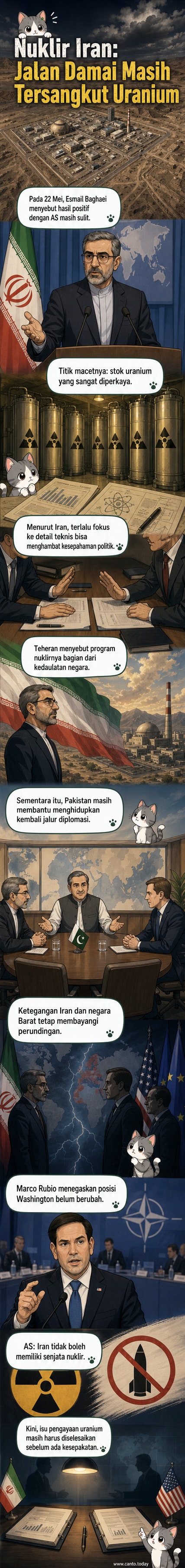 Ilustrasi dua pihak duduk berhadapan di meja negosiasi dengan simbol nuklir di latar belakang, mewakili kebuntuan dalam pembicaraan nuklir AS-Iran.