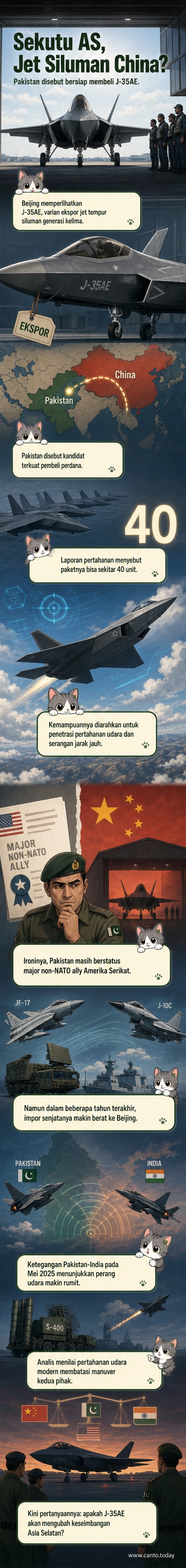 Ilustrasi jet tempur siluman J-35AE terbang di atas hanggar dengan logo AVIC, dengan latar belakang peta Asia Selatan menunjukkan rute penerbangan Pakistan dan China.