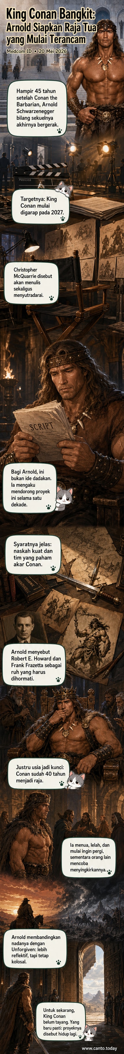 Ilustrasi Arnold Schwarzenegger sebagai Conan tua dengan mahkota, berdiri di atas istana batu di tengah badai, pedang besar di tangan, latar belakang petir menyambar.