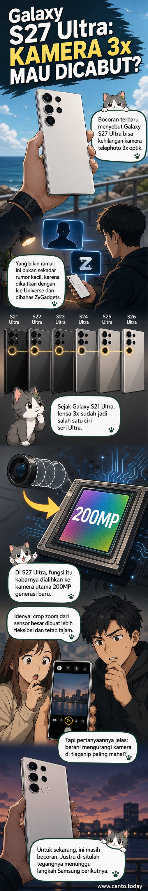 Ilustrasi ponsel Samsung Galaxy S27 Ultra dengan penekanan pada sistem kamera belakang yang tidak lagi memiliki lensa telephoto 3x.