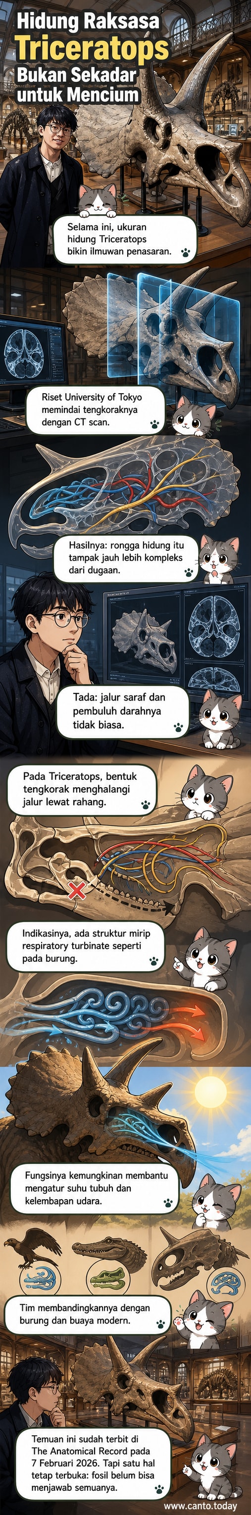 Ilustrasi tengkorak Triceratops dengan rongga hidung besar yang terlihat jelas, menunjukkan struktur internal yang kompleks di bagian depan kepala.