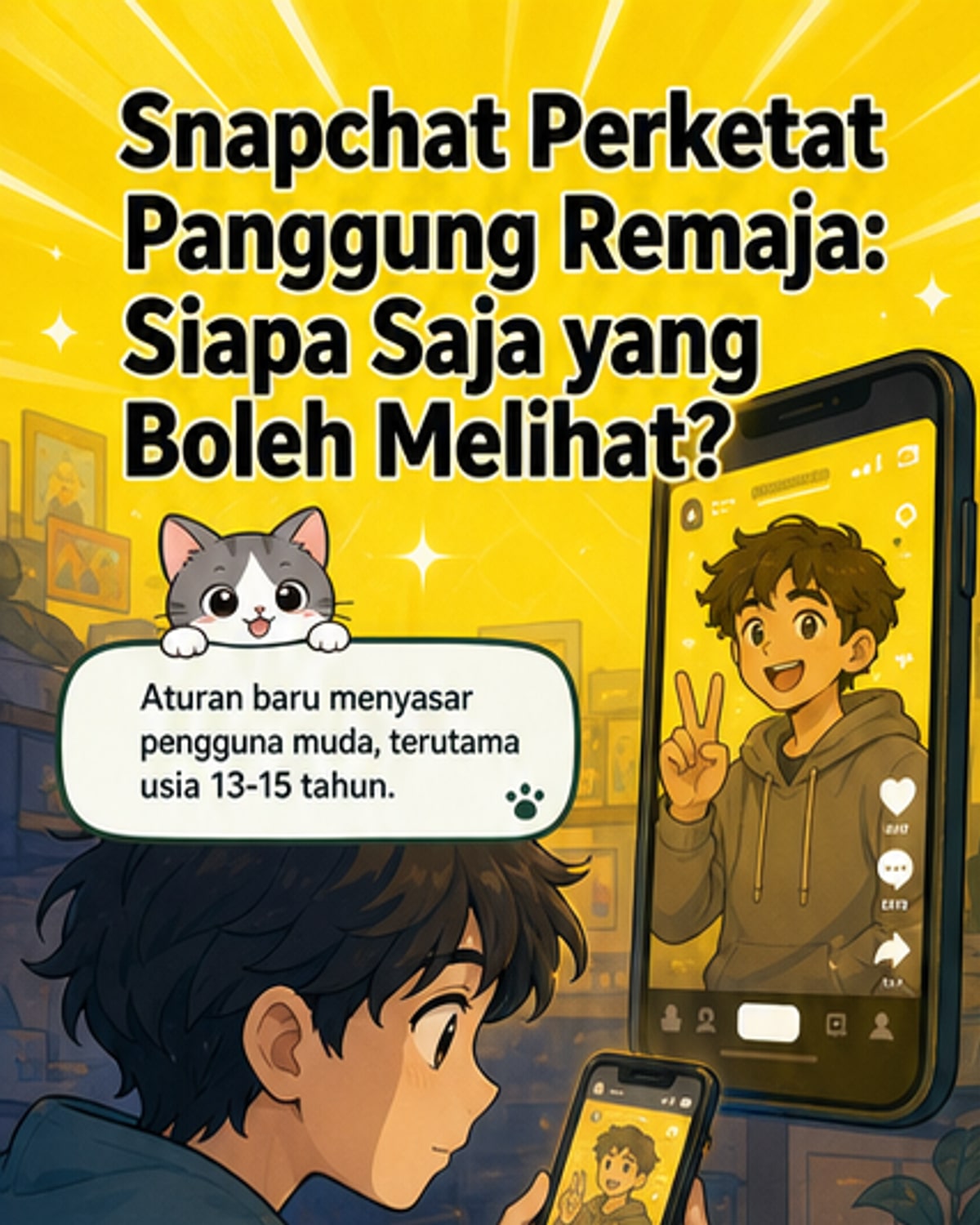 Ilustrasi antarmuka Snapchat dengan ikon pengaturan privasi dan peringatan untuk remaja, dikelilingi oleh ikon orang tua dan anak muda.