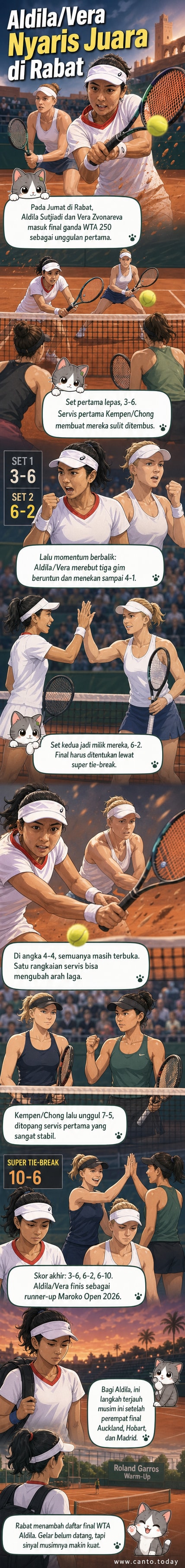 Ilustrasi dua petenis ganda wanita berpose di lapangan tanah liat, satu memakai seragam Indonesia, satunya lagi seragam Rusia, dengan trofi Maroko Open di latar belakang.