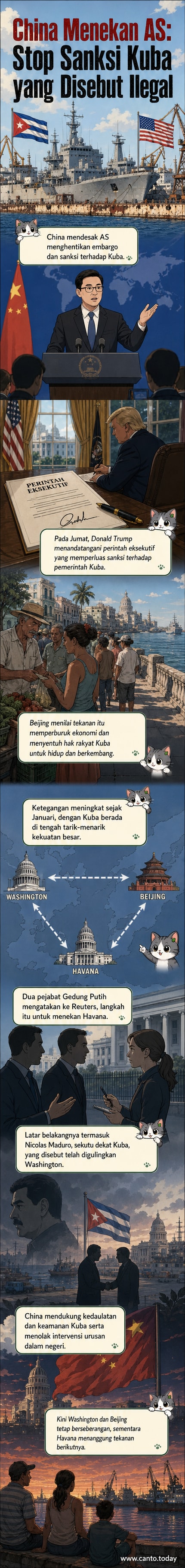 Ilustrasi diplomatik Tiongkok menyerukan akhir dari sanksi AS terhadap Kuba, dengan simbol bendera China dan Kuba berdampingan di depan PBB, sementara bendera AS diberi tanda larangan.