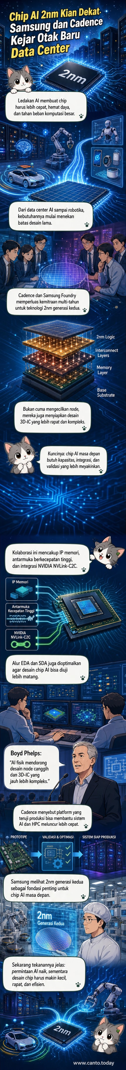 Ilustrasi chip semikonduktor 2nm dengan alur sirkuit canggih, menggambarkan kolaborasi Samsung dan Cadence dalam pengembangan otak AI untuk data center masa depan.