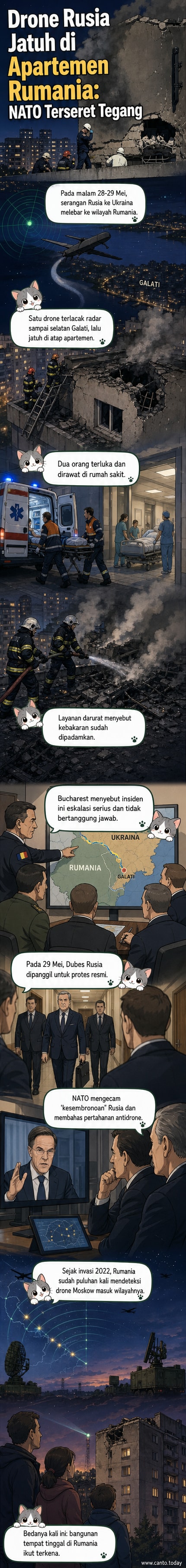 Ilustrasi drone Rusia jatuh di atap gedung apartemen di Rumania, dengan asap kebakaran mengepul di malam hari, dikelilingi oleh petugas darurat dan warga.