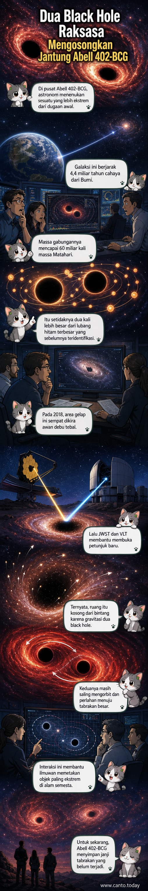 Ilustrasi dua lubang hitam raksasa saling mengorbit di pusat galaksi Abell 402-BCG, dengan cahaya bintang terdistorsi dan ruang kosong di sekitarnya akibat gravitasi ekstrem.