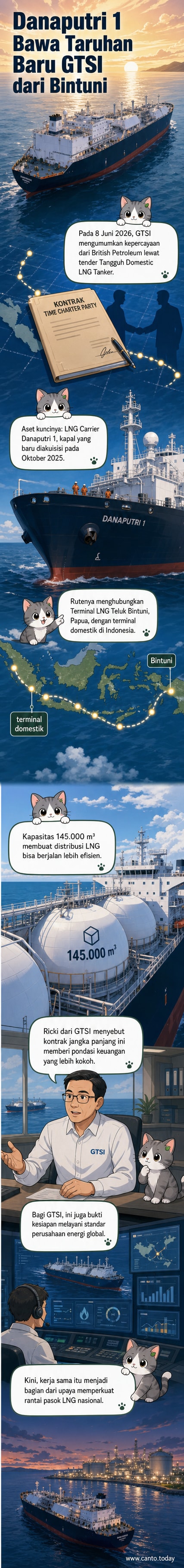 Ilustrasi kapal LNG Carrier Danaputri 1 sedang berlayar dari Terminal LNG Bintuni, Papua, dengan latar belakang pegunungan dan laut biru, menggambarkan distribusi energi nasional yang efisien.