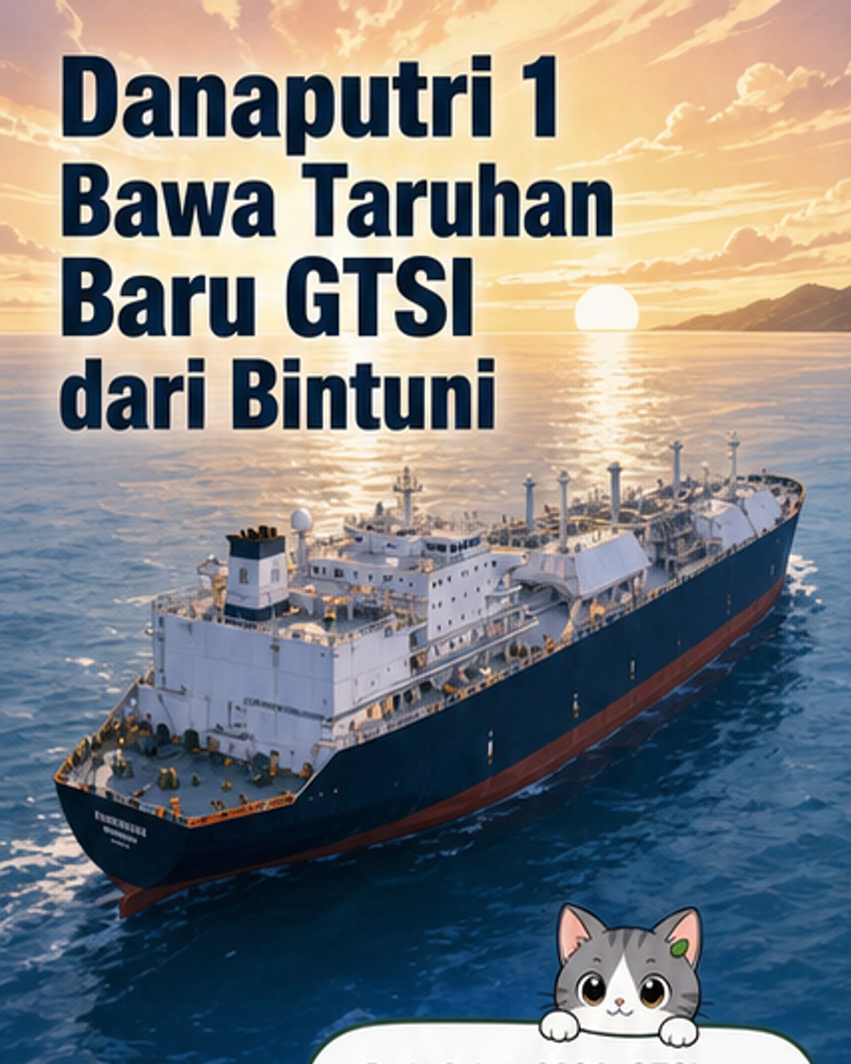 Ilustrasi kapal LNG Carrier Danaputri 1 sedang berlayar dari Terminal LNG Bintuni, Papua, dengan latar belakang pegunungan dan laut biru, menggambarkan distribusi energi nasional yang efisien.