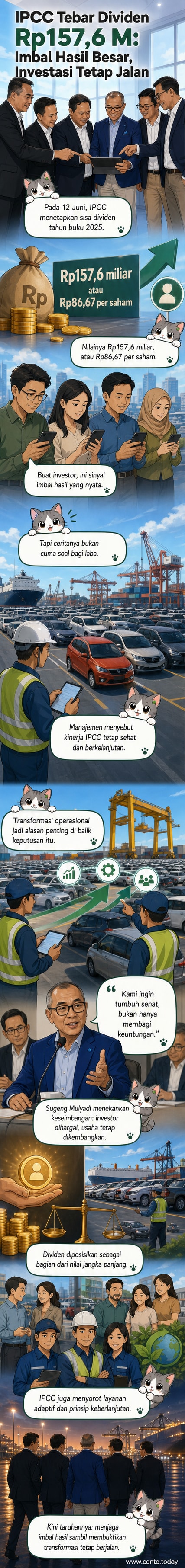 Ilustrasi uang kertas dan grafik naik dengan logo perusahaan terminal kendaraan, menggambarkan pembagian dividen oleh IPCC.
