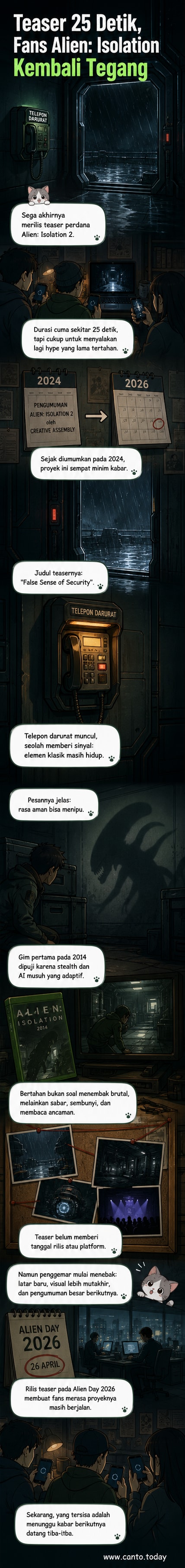 Poster teaser gim Alien: Isolation 2 berjudul 'False Sense of Security' dengan latar hujan deras dan pintu logam yang terbuka perlahan.
