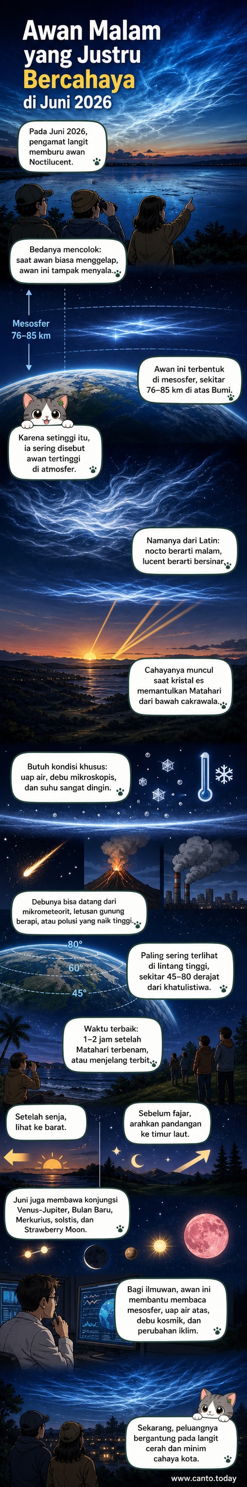Ilustrasi awan tipis bercahaya biru keperakan di langit malam, muncul di ketinggian sangat tinggi di atas permukaan Bumi.