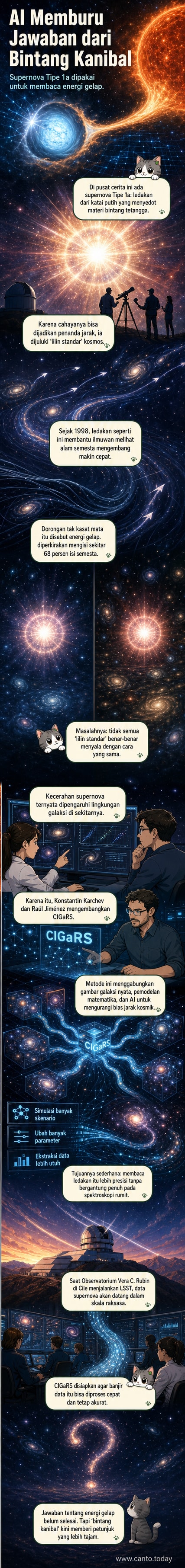 Ilustrasi supernova tipe 1a yang meledak di luar angkasa, dianalisis oleh sistem AI untuk mengungkap data energi gelap, dengan galaksi-galaksi yang menjauh di latar belakang.