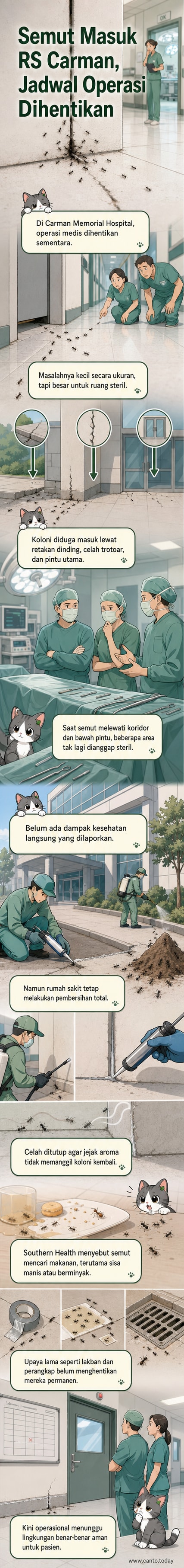 Ilustrasi koloni semut merayap di lantai koridor rumah sakit dengan latar belakang pintu ruang perawatan tertutup.