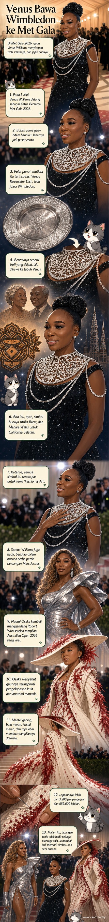Venus Williams berdiri di karpet merah Met Gala 2026 mengenakan gaun hitam berkilau dengan pelat leher penuh mutiara yang menyerupai trofi Wimbledon, dikelilingi lampu sorot dan kerumunan.