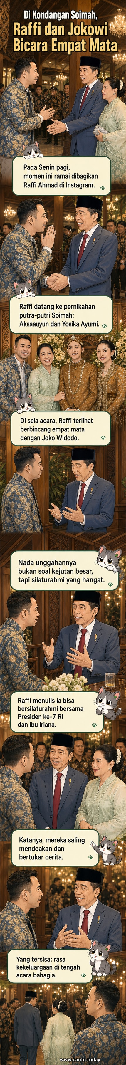 Raffi Ahmad berbincang akrab dengan Jokowi di tengah keramaian acara pernikahan, dengan latar suasana kekeluargaan.