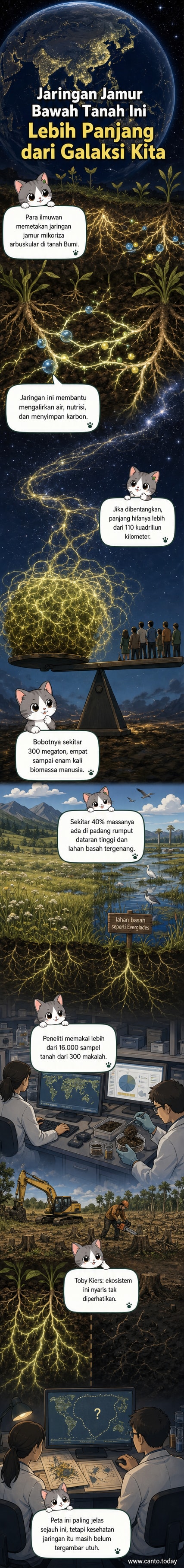 Ilustrasi jaringan filamen jamur mikoriza yang membentang luas di bawah tanah, menghubungkan akar tanaman dan menyimpan karbon dalam tanah.