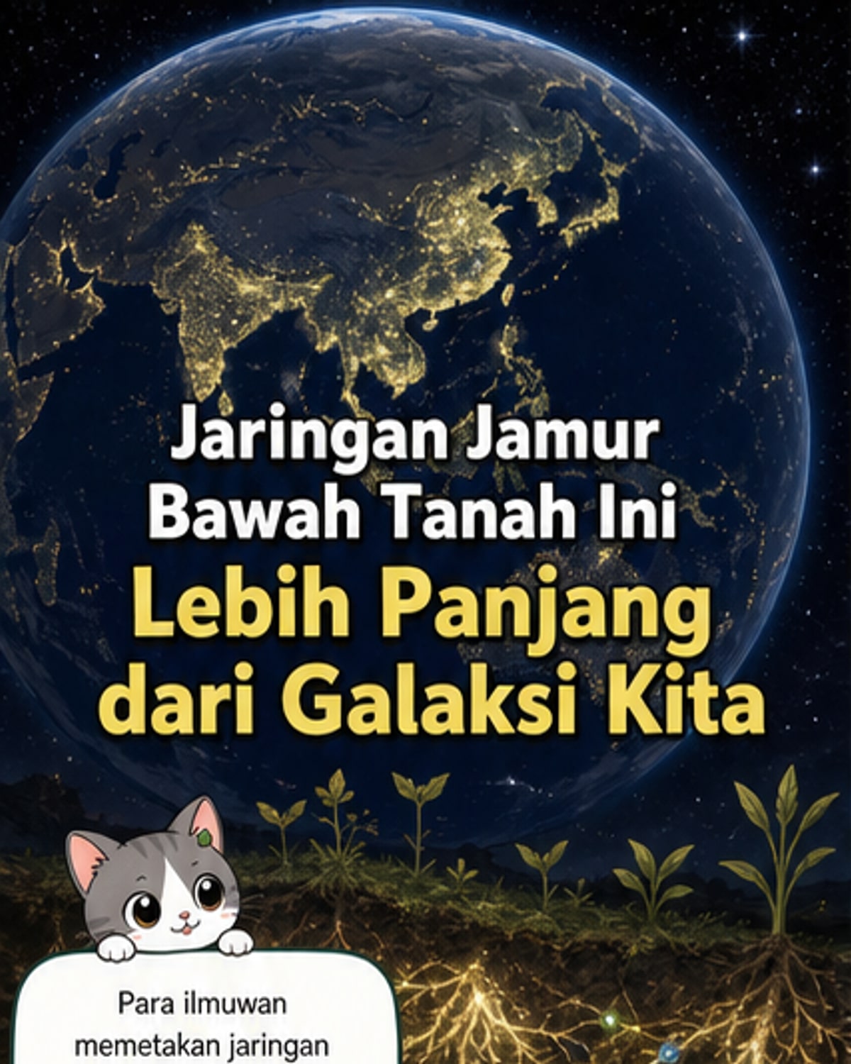 Ilustrasi jaringan filamen jamur mikoriza yang membentang luas di bawah tanah, menghubungkan akar tanaman dan menyimpan karbon dalam tanah.