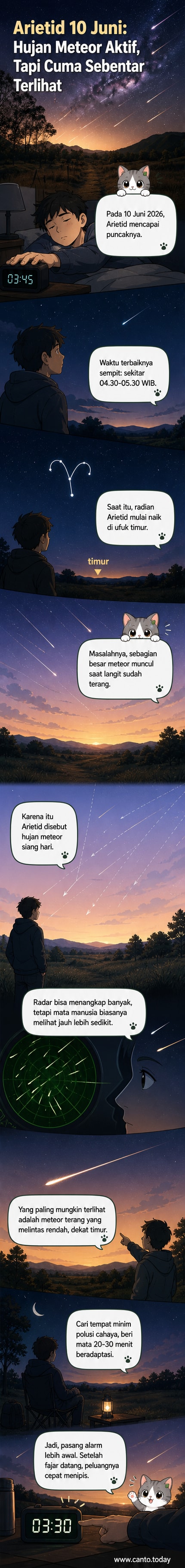 Ilustrasi langit gelap di timur sebelum fajar dengan lintasan meteor terang, rasi Aries di horizon, dan latar belakang pegunungan minim polusi cahaya