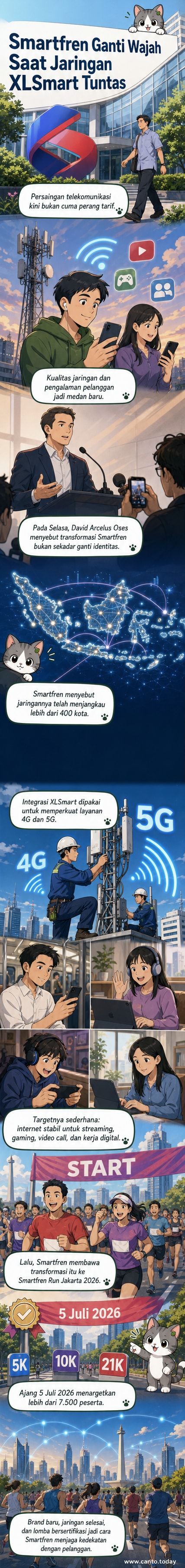 Ilustrasi pejalan kaki di depan logo XL Smart, dengan latar belakang kota, menggambarkan transformasi Smartfren pasca integrasi jaringan dan persiapan Smartfren Run 2026.