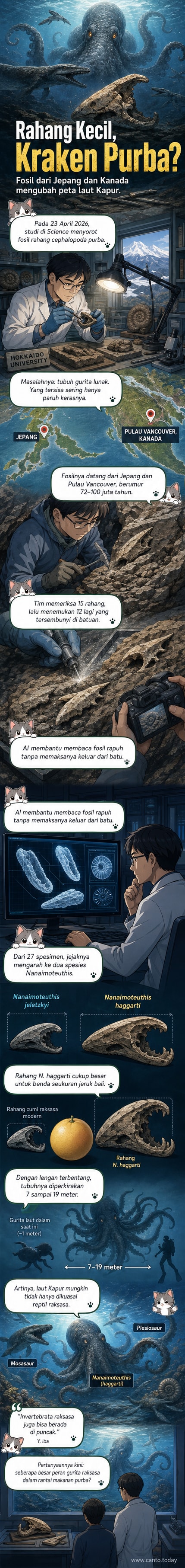 Ilustrasi gurita raksasa purba dengan tubuh transparan dan lengan panjang di dasar laut zaman Kapur, berdampingan dengan fosil rahang berbentuk paruh.