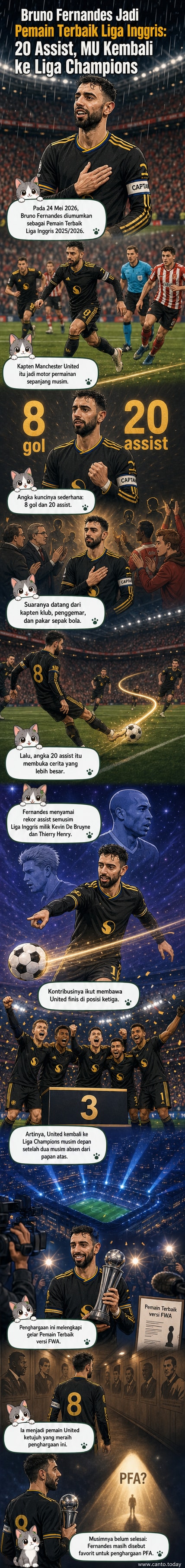 Bruno Fernandes tersenyum lebar sambil memegang trofi Pemain Terbaik Liga Inggris 2025/2026 di tengah sorotan lampu stadion.